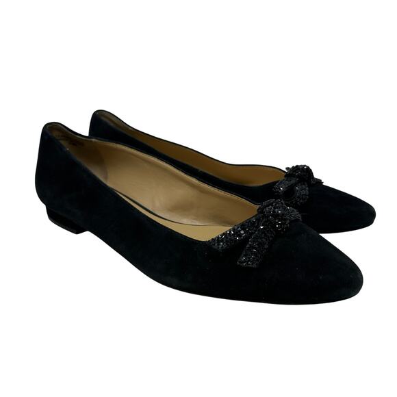 Talbots Pointed Toe Flats Womens Size 9.5 Suede Leather Embellished Bows Black - Picture 1 of 7